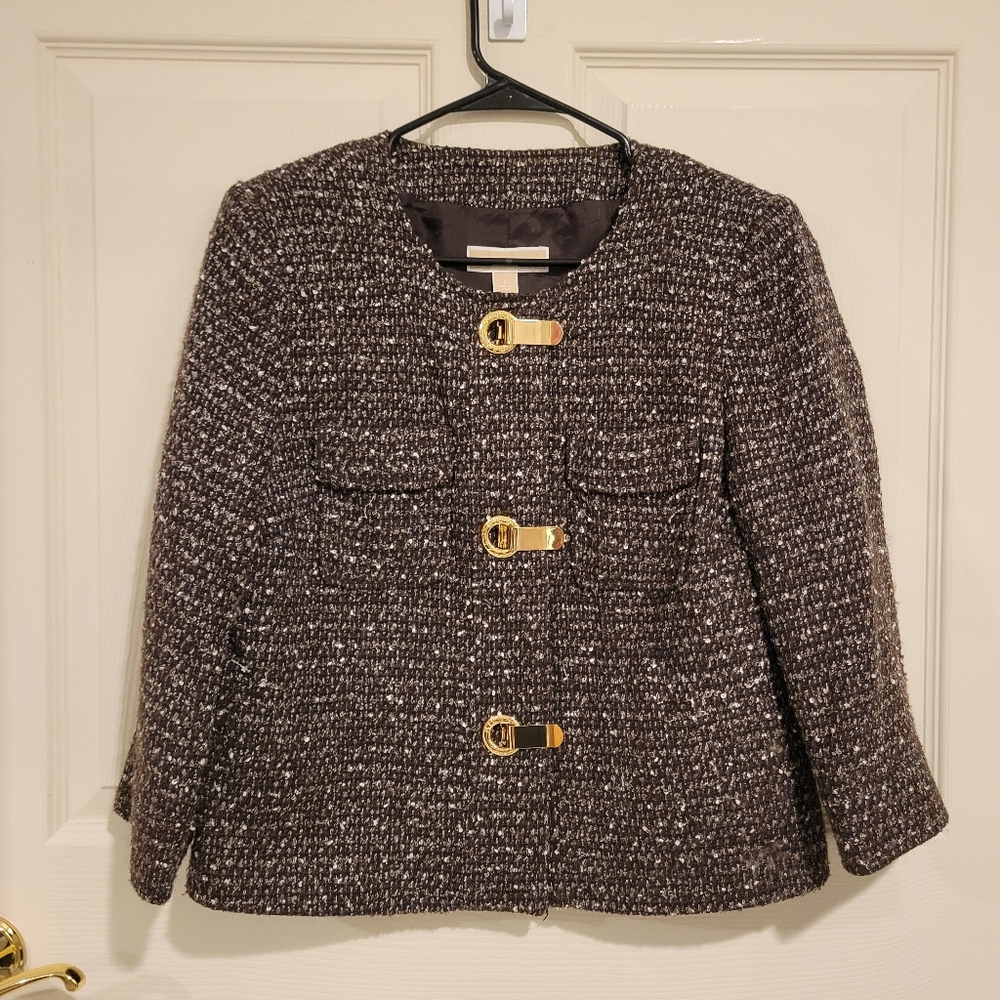 Micheal Kors Brown Tweed Jacket with Gold Accents